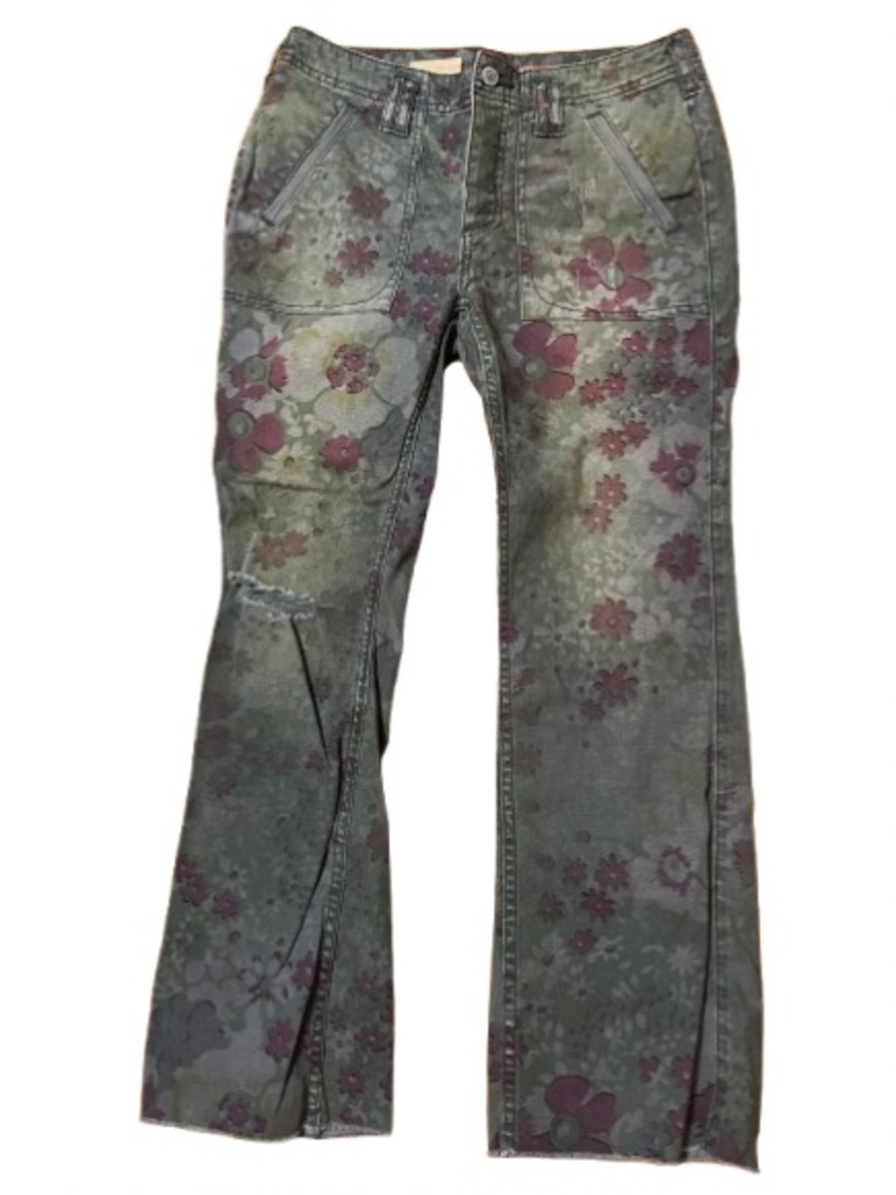 Pilcro Floral Print Wide-Leg Distressed Button Fly Jeans in Olive &Mauve Size 25